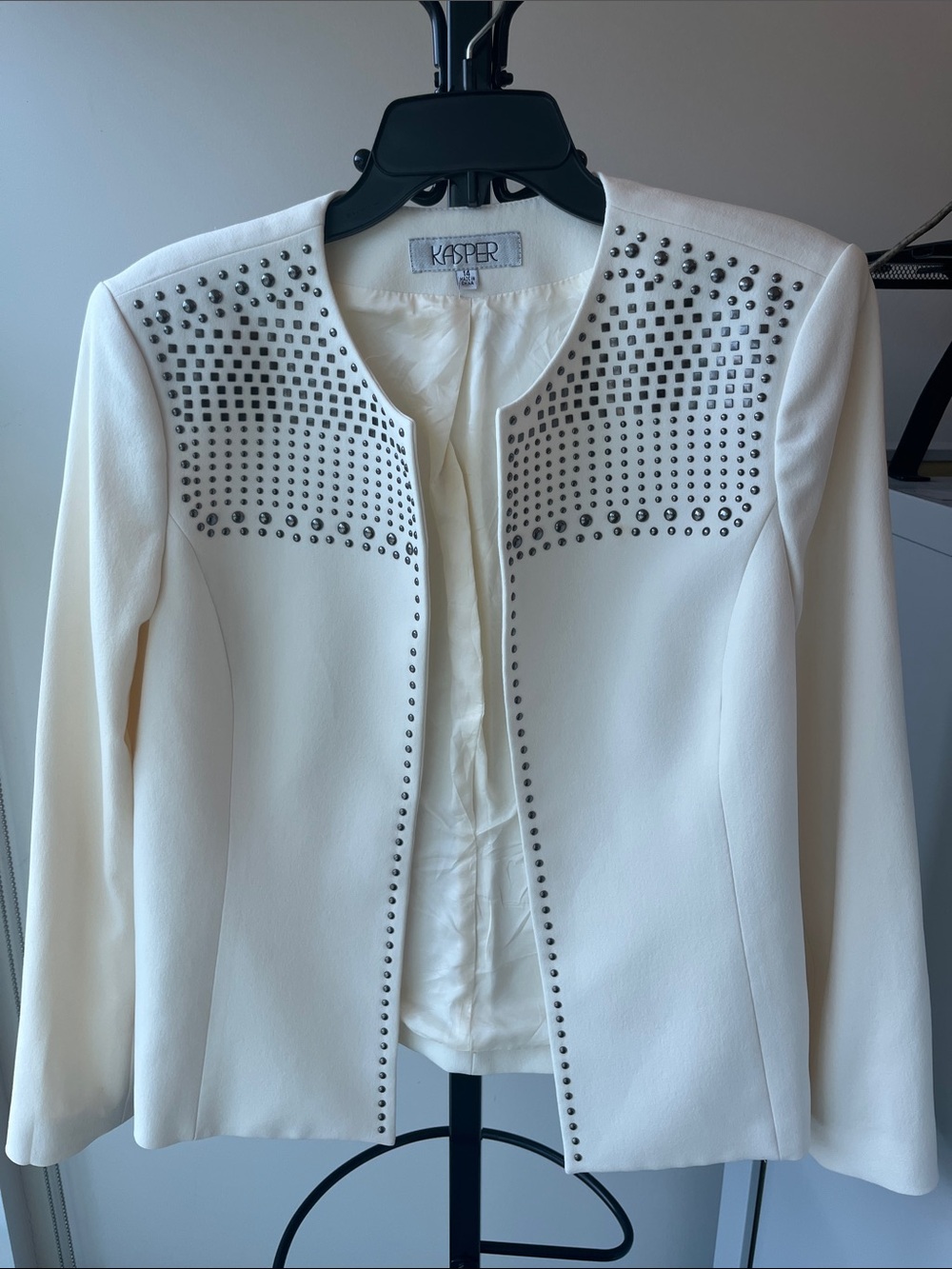 Kasper Cream Studded  Open Front Blazer Jacket